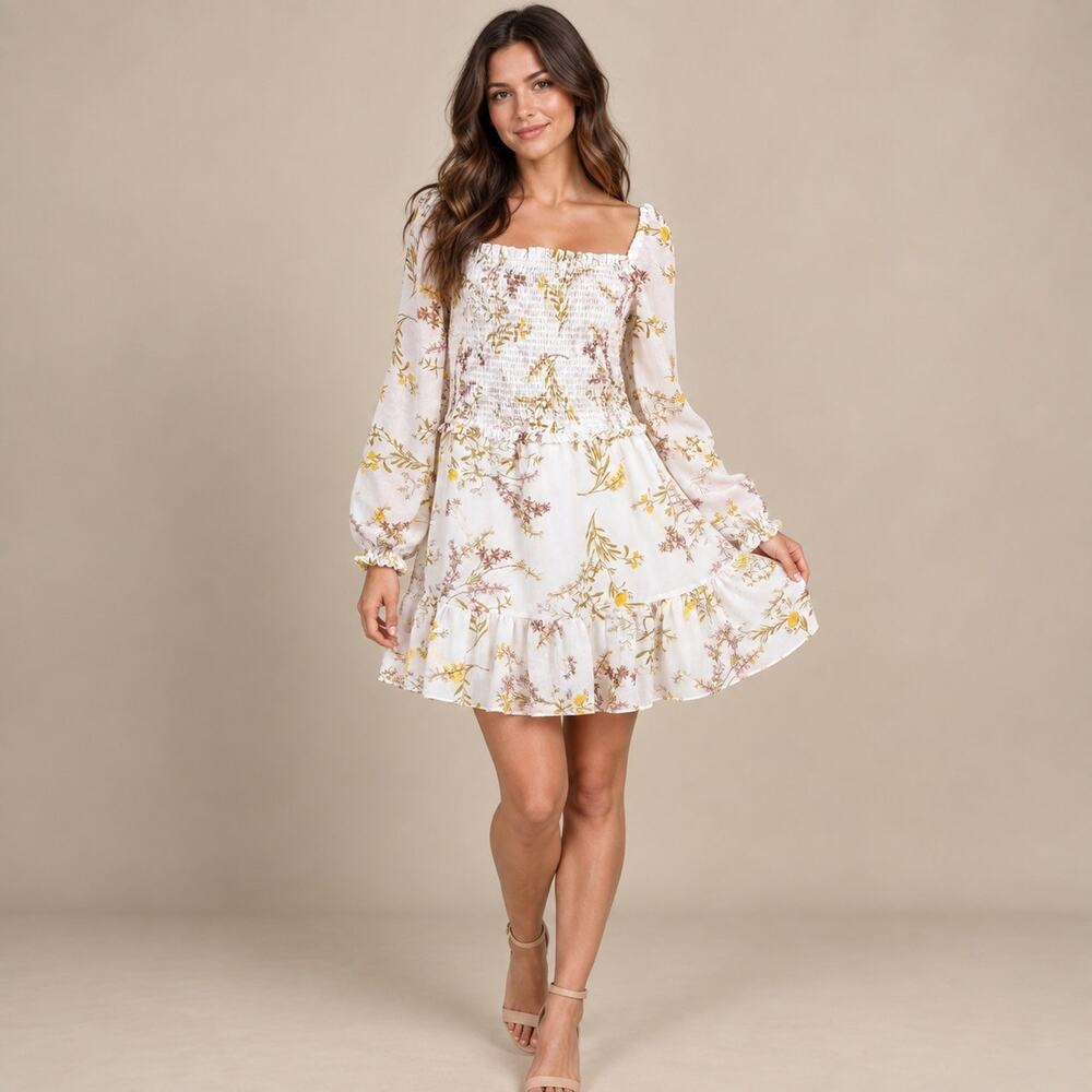 Sam and Jess Dress Womens XL White Floral Smocked Cottagecore Prairie Boho Mini